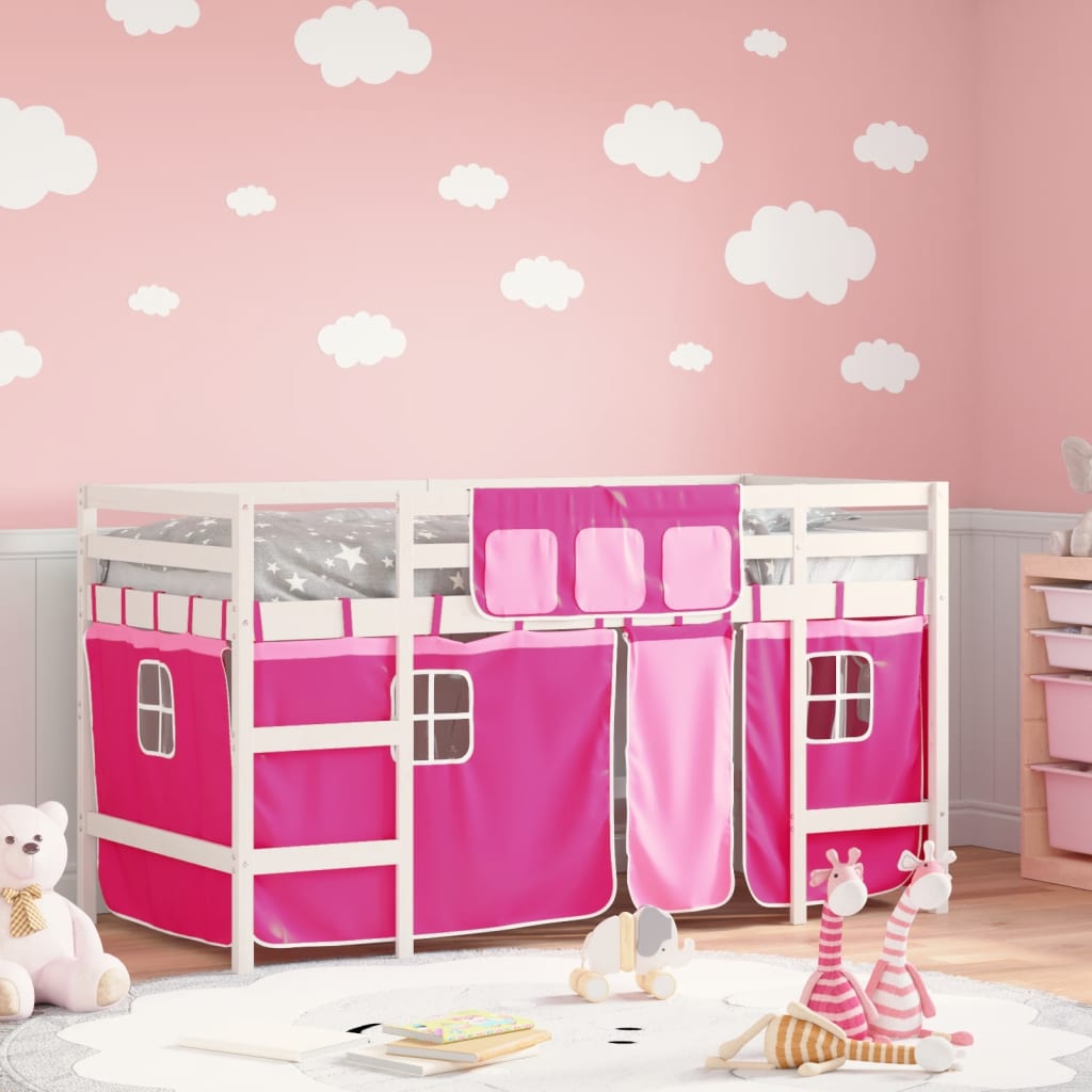 Lit mezzanine enfants avec rideaux sans matelas rose 90x200cm